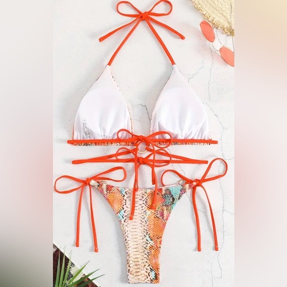 Orange Snakeskin Print Halter Tie Side Bikini Set - Picture 2 of 6